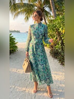 Floral Long-Sleeve Green Midi Dress with Waist Tie